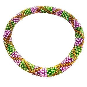 Vintage NWOT Aid Through Trade Roll-On Glass Beads Stretch Green Pink Bracelet